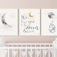 Nursery decor girl, blush gold, moon nursery wall art, elephant wall decor, we love you to the moon and back, blush pink, moon star, cloud