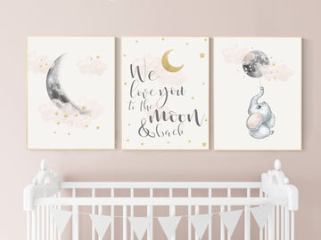 Nursery decor girl, blush gold, moon nursery wall art, elephant wall decor, we love you to the moon and back, blush pink, moon star, cloud