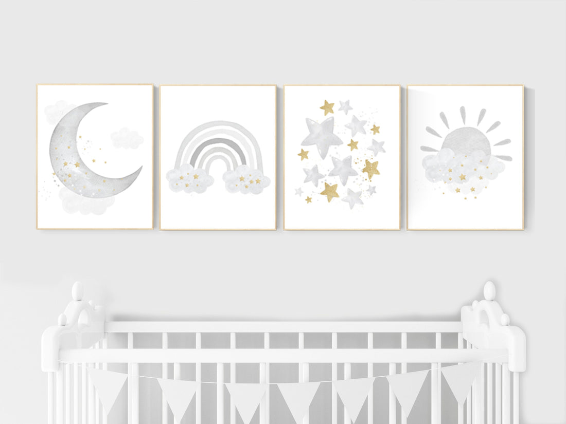 Nursery wall art grey, gray gold  nursery, rainbow nursery decor, baby room decor gender neutral, moon and stars, baby room wall art,