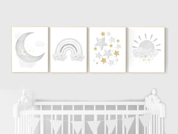 Nursery wall art grey, gray gold  nursery, rainbow nursery decor, baby room decor gender neutral, moon and stars, baby room wall art,