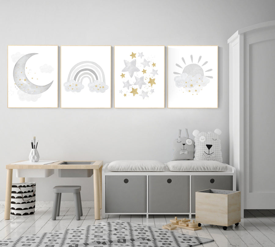 Nursery wall art grey, gray gold  nursery, rainbow nursery decor, baby room decor gender neutral, moon and stars, baby room wall art,