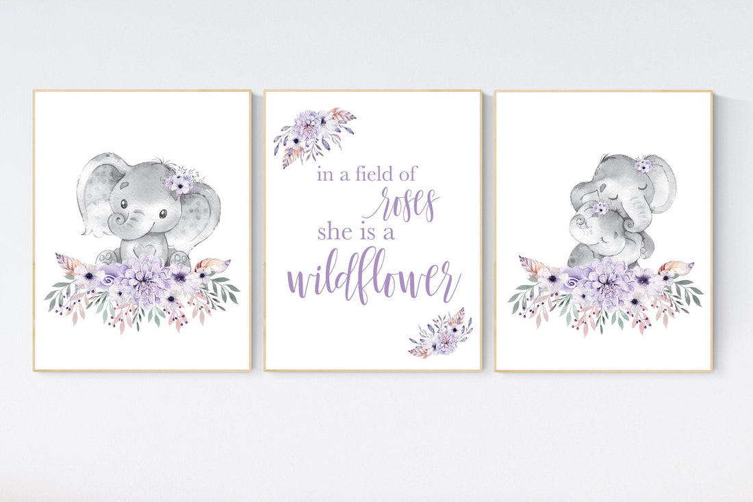Purple nursery, Boho baby room, nursery wall art elephant, nursery decor girl, nursery decor girl floral, lilac nursery decor, lavender