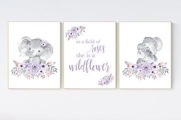Purple nursery, Boho baby room, nursery wall art elephant, nursery decor girl, nursery decor girl floral, lilac nursery decor, lavender