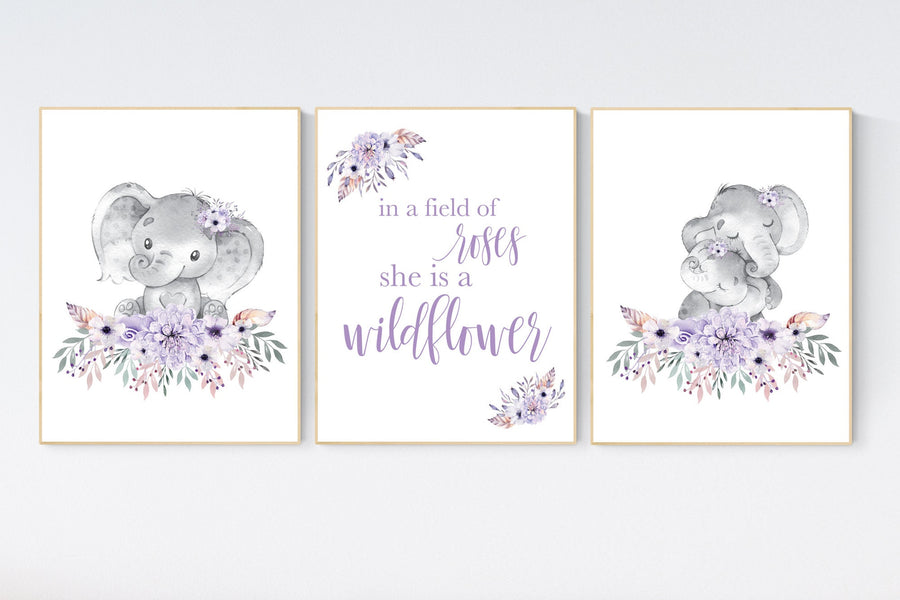 Purple nursery, Boho baby room, nursery wall art elephant, nursery decor girl, nursery decor girl floral, lilac nursery decor, lavender