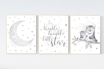 Nursery wall art grey, gray nursery, gender neutral nursery, owl nursery, moon, stars, grey nursery wall decor, baby room art prints