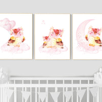 Nursery decor girl owl, nursery wall decor pink, owl nursery art, nursery wall art, owls nursery art, nursery wall art moon