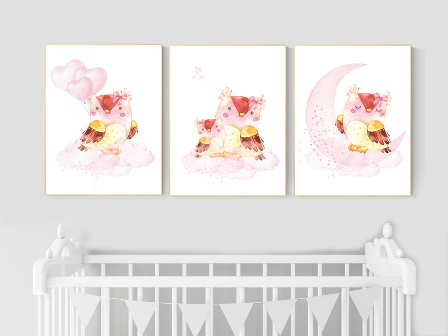 Nursery decor girl owl, nursery wall decor pink, owl nursery art, nursery wall art, owls nursery art, nursery wall art moon