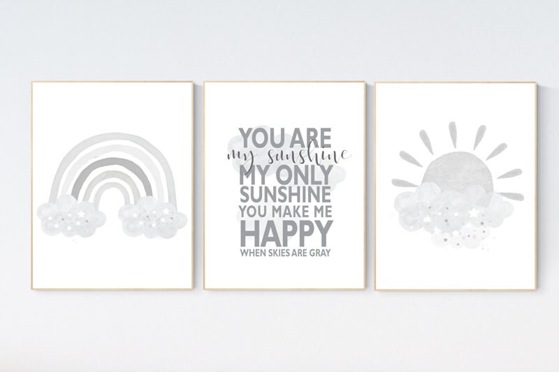 Nursery wall art grey, gray nursery, rainbow nursery, gender neutral nursery, you are my sunshine, moon and stars, rainbow print