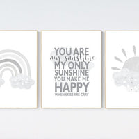 Nursery wall art grey, gray nursery, rainbow nursery, gender neutral nursery, you are my sunshine, moon and stars, rainbow print