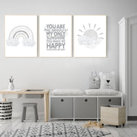 Nursery wall art grey, gray nursery, rainbow nursery, gender neutral nursery, you are my sunshine, moon and stars, rainbow print