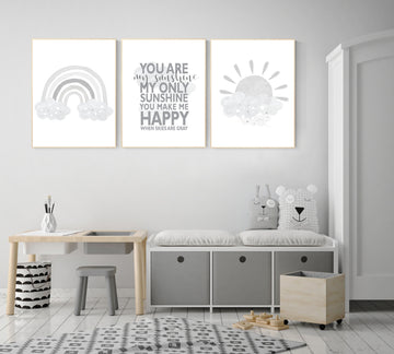 Nursery wall art grey, gray nursery, rainbow nursery, gender neutral nursery, you are my sunshine, moon and stars, rainbow print