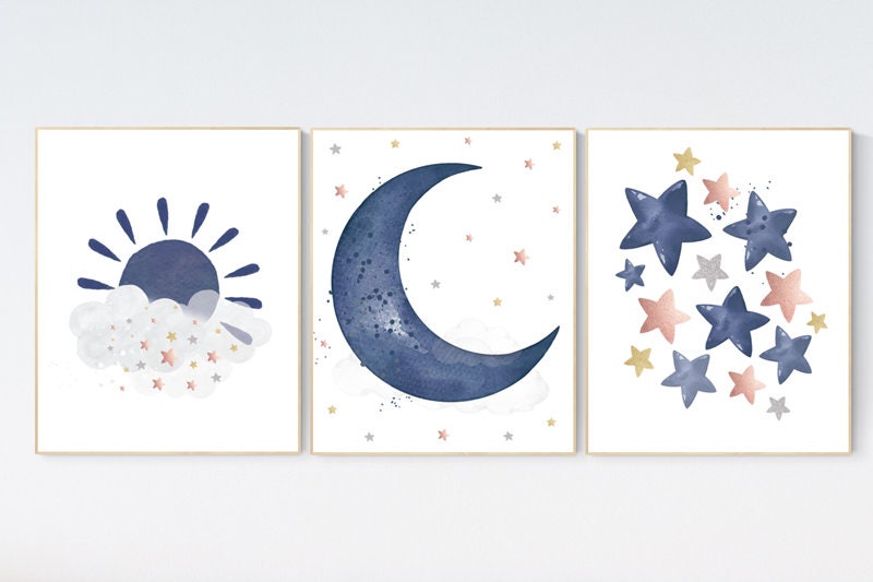 Nursery decor navy gold, rose gold, cloud and stars, moon and stars, navy gold nursery art. baby room wall art, boy nursery decor,