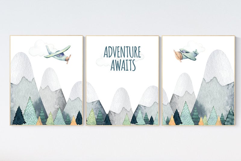 Adventure Awaits Nursery Wall Art, Mountain & Airplane Prints, Woodland Travel Theme, Baby Boy Room Decor, adventure theme nursery decor