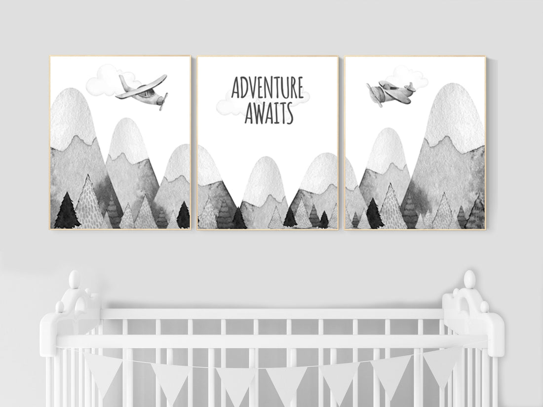 Nursery decor gender neutral, mountain nursery, gray nursery, adventure nursery, travel theme nursery, woodland, explore, hot air balloon