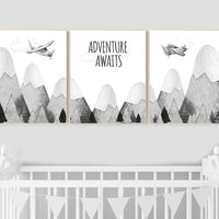 Nursery decor gender neutral, mountain nursery, gray nursery, adventure nursery, travel theme nursery, woodland, explore, hot air balloon