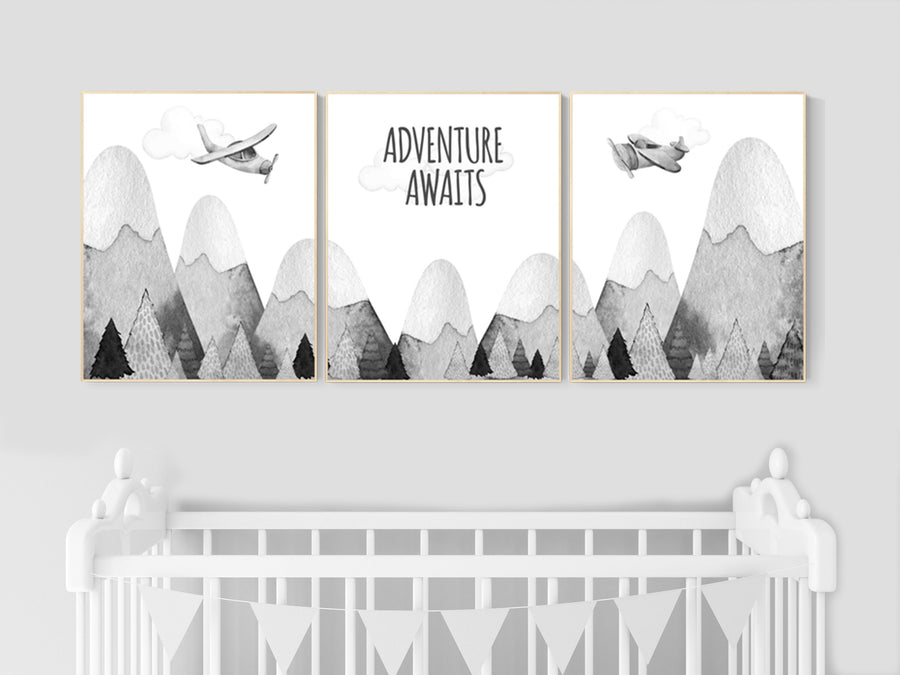 Nursery decor gender neutral, mountain nursery, gray nursery, adventure nursery, travel theme nursery, woodland, explore, hot air balloon