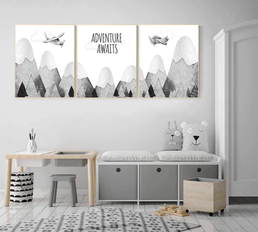 Nursery decor gender neutral, mountain nursery, gray nursery, adventure nursery, travel theme nursery, woodland, explore, hot air balloon