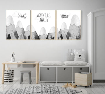 Nursery decor gender neutral, mountain nursery, gray nursery, adventure nursery, travel theme nursery, woodland, explore, hot air balloon
