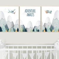 Nursery decor boy mountain, adventure nursery, travel theme nursery, woodland, gender neutral, explore, hot air balloon, plane, neutral