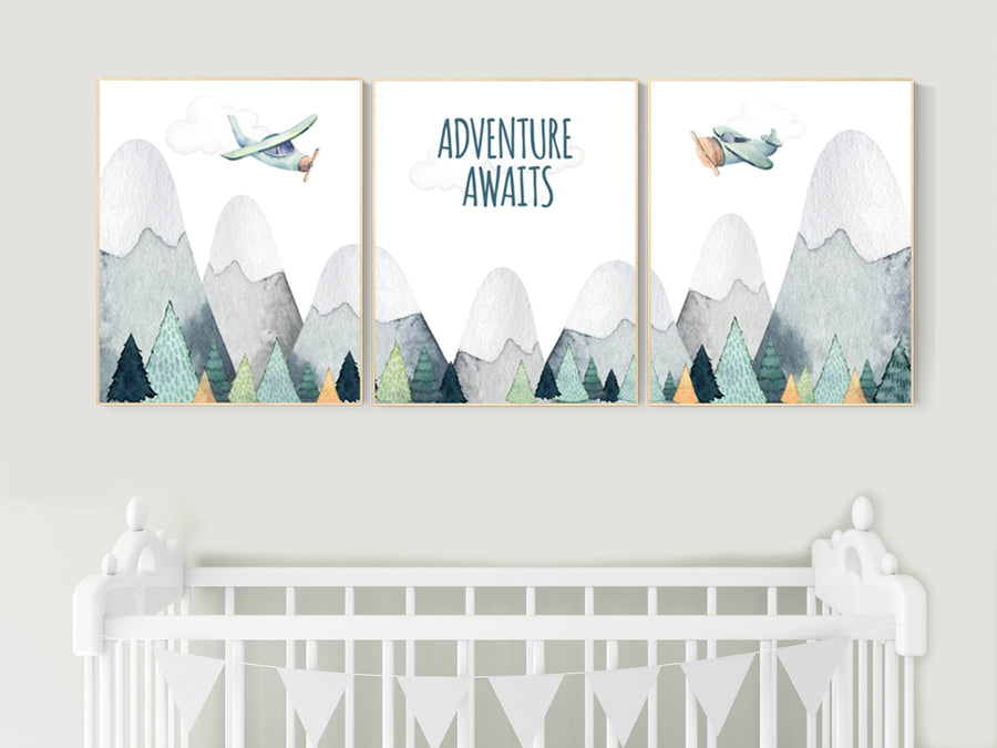 Nursery decor boy mountain, adventure nursery, travel theme nursery, woodland, gender neutral, explore, hot air balloon, plane, neutral