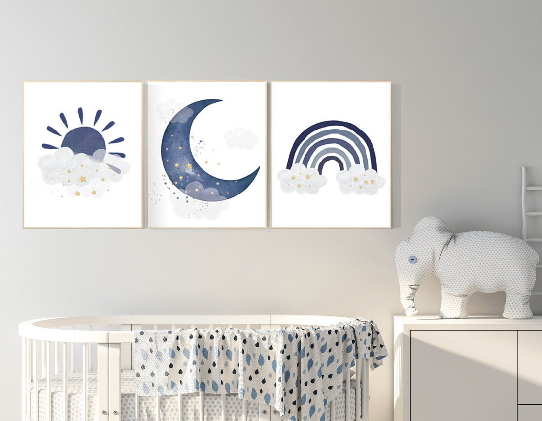 Navy nursery decor, boy nursery wall decor, rainbow nursery, cloud and stars, moon and stars, navy blue, gold nursery, nursery prints boy