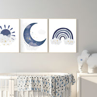 Navy nursery decor, boy nursery wall decor, rainbow nursery, cloud and stars, moon and stars, navy blue, gold nursery, nursery prints boy