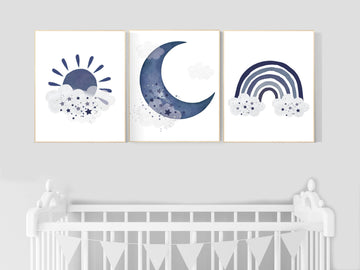 Navy nursery decor, boy nursery wall decor, rainbow nursery, cloud and stars, moon and stars, navy blue nursery, nursery prints boy