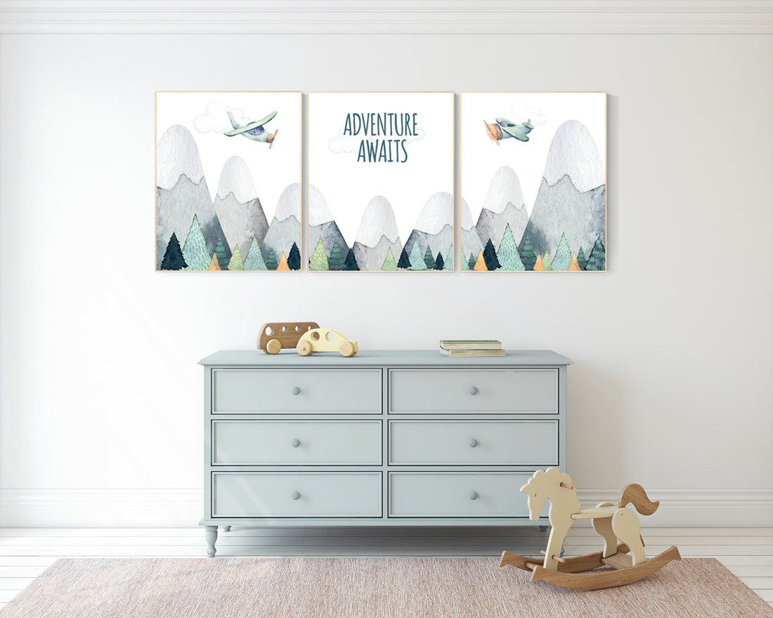 Nursery decor boy mountain, adventure nursery, travel theme nursery, woodland, gender neutral, explore, hot air balloon, plane, neutral