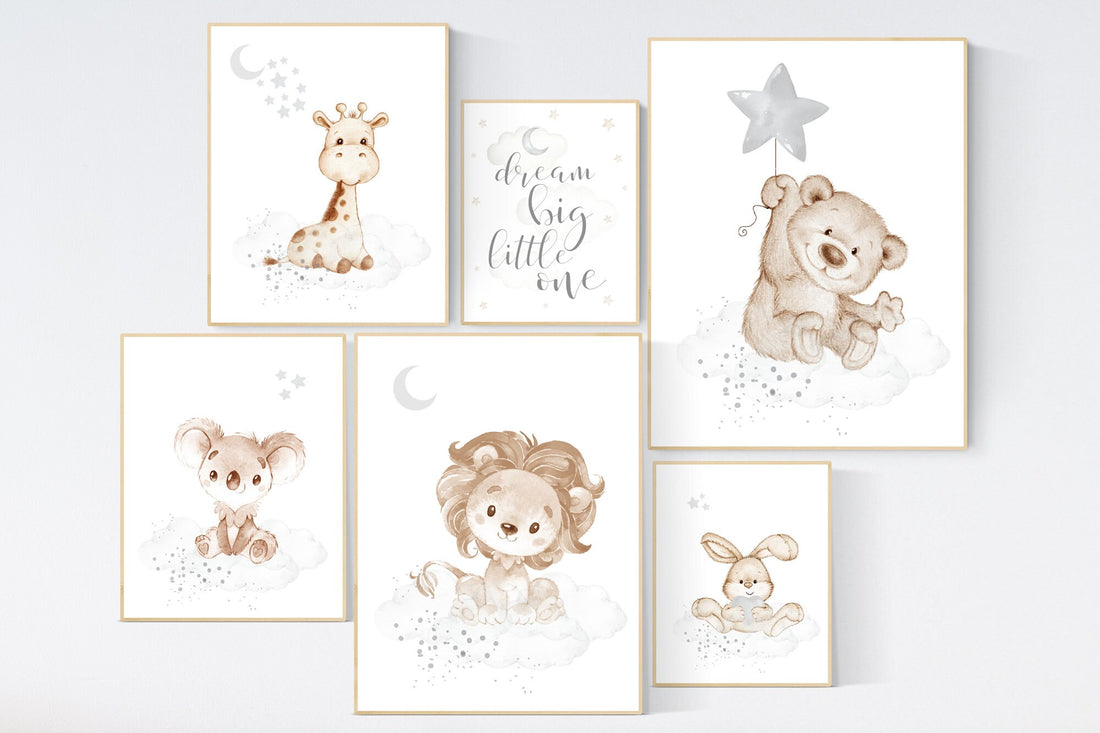 Nursery decor gender neutral, Nursery wall art animals, gray nursery, neutral, lion, bunny, bear, giraffe, koala, animal prints for nursery