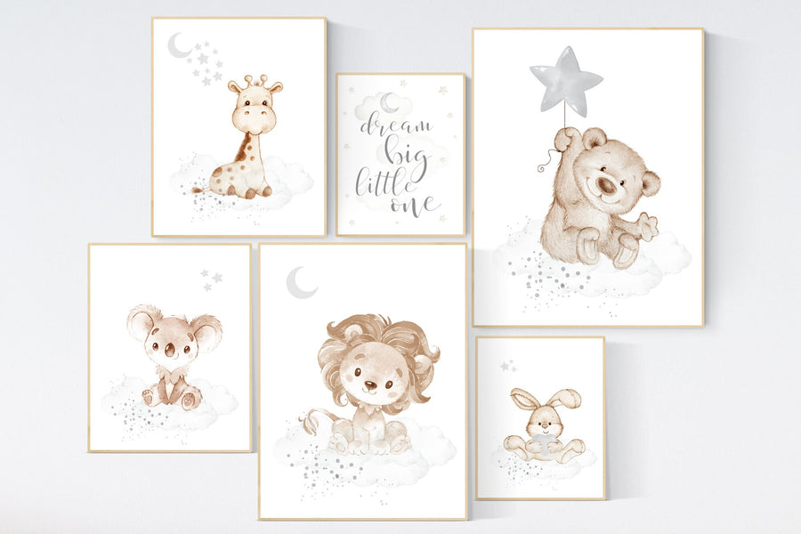 Nursery decor gender neutral, Nursery wall art animals, gray nursery, neutral, lion, bunny, bear, giraffe, koala, animal prints for nursery