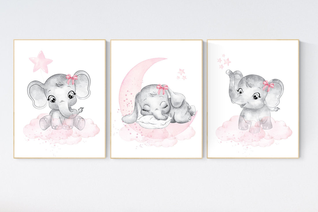 Nursery wall art girl elephant, pink and gray nursery decor, girl nursery ideas, baby registry, baby shower, nursery prints girl animal