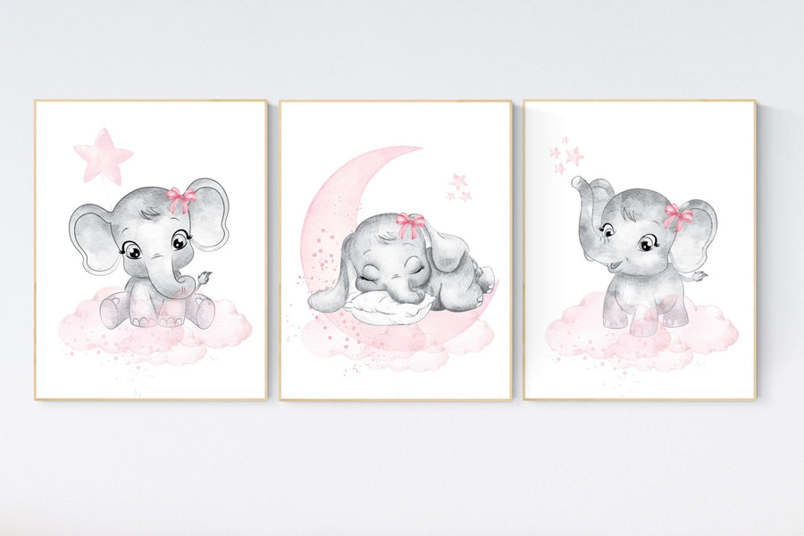 Nursery wall art girl elephant, pink and gray nursery decor, girl nursery ideas, baby registry, baby shower, nursery prints girl animal