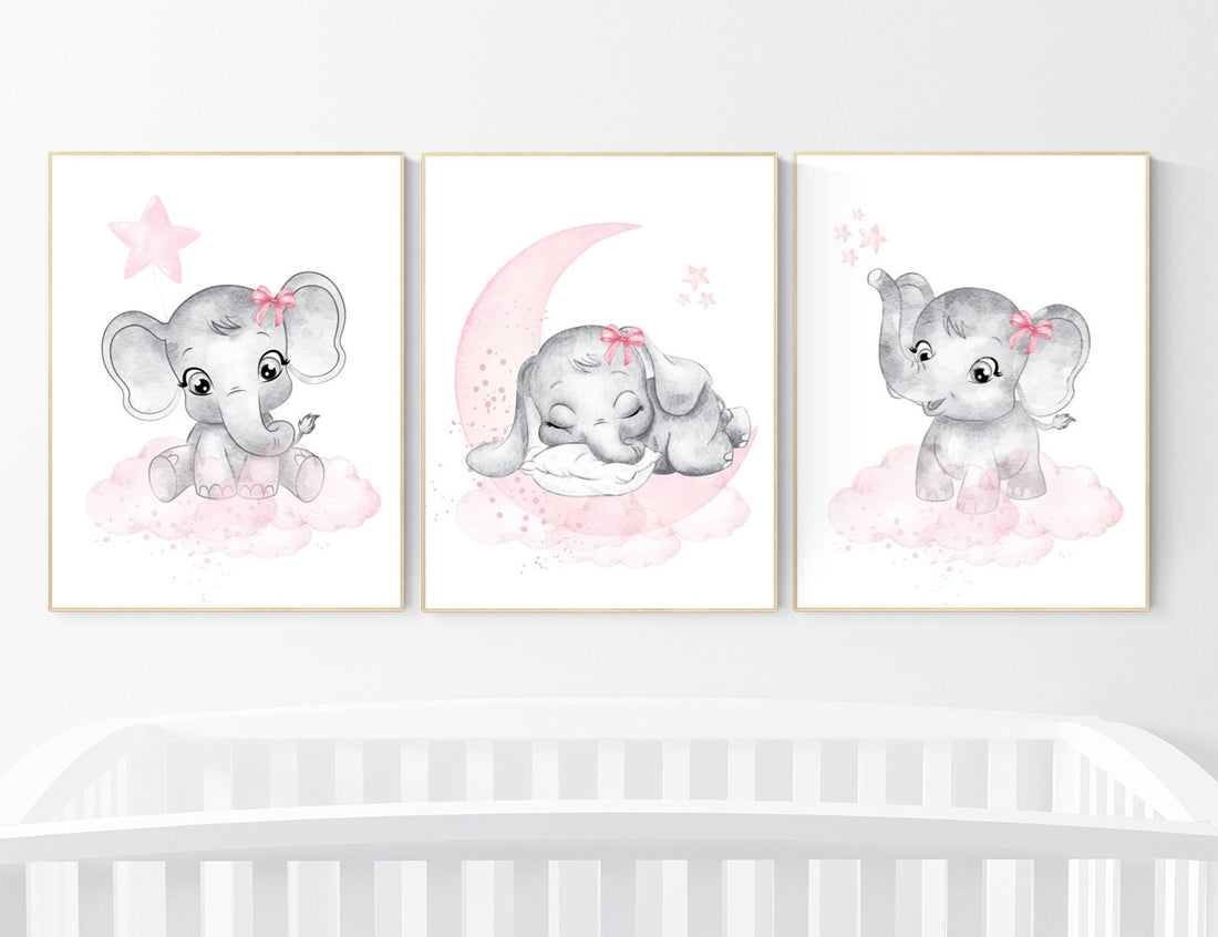 Nursery wall art girl elephant, pink and gray nursery decor, girl nursery ideas, baby registry, baby shower, nursery prints girl animal