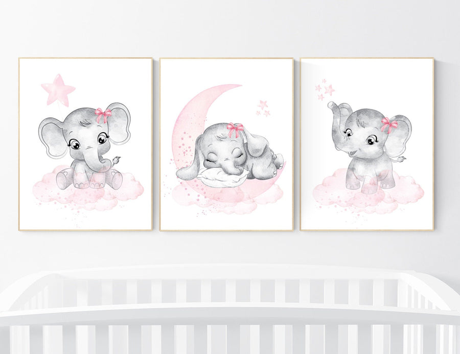 Nursery wall art girl elephant, pink and gray nursery decor, girl nursery ideas, baby registry, baby shower, nursery prints girl animal