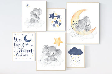 Nursery decor boy elephant, navy yellow gray, nursery wall art boy, navy Blue, moon and stars, navy nursery, boy nursery, navy yellow grey