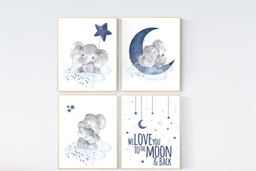 Nursery decor boy elephant, navy blue nursery decor, we love you to the moon and back, moon and stars, navy blue nursery art, elephant