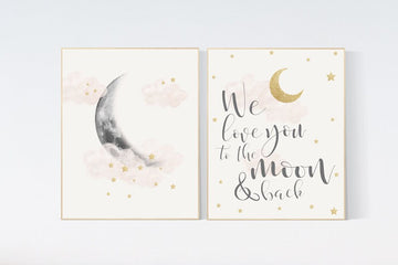 Nursery decor girl, blush gold, moon nursery wall art, blush wall decor, we love you to the moon and back, blush pink, moon star, cloud