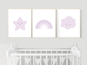 Nursery prints rainbow, Nursery decor girl purple, lilac nursery, nursery wall art girl, moon star, cloud, rainbow nursery, lavender, lilac