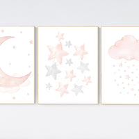 Nursery decor girl, Blush pink, cloud, stars, moon, blush nursery wall art, girls nursery wall decor, nursery prints girl, blush prints