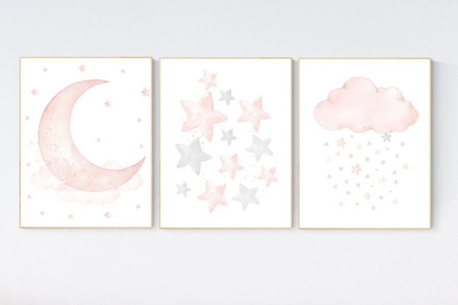 Nursery decor girl, Blush pink, cloud, stars, moon, blush nursery wall art, girls nursery wall decor, nursery prints girl, blush prints