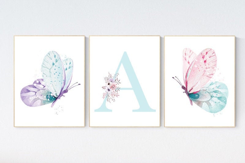 Nursery decor girl butterfly, pink, purple, teal nursery, mint pink nursery, girl room prints, baby girl nursery wall art butterfly wall art