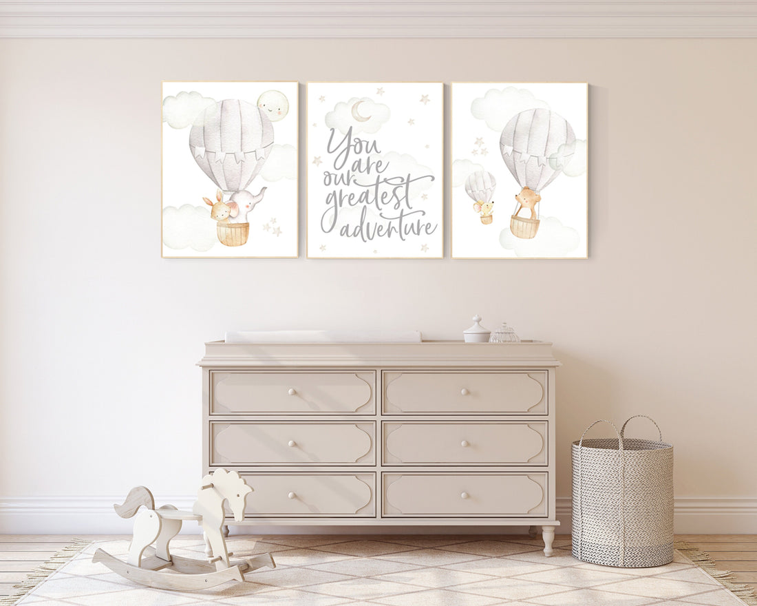 Nursery decor gender neutral, hot air balloon, elephant nursery, woodland animals, baby room decor, animal nursery, hot air balloons