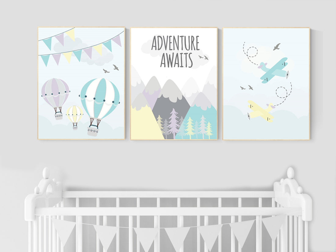 Adventure nursery, yellow, teal, lilac, hot air balloon nursery, adventure awaits, gender neutral , nursery wall art boy airplane, mountain