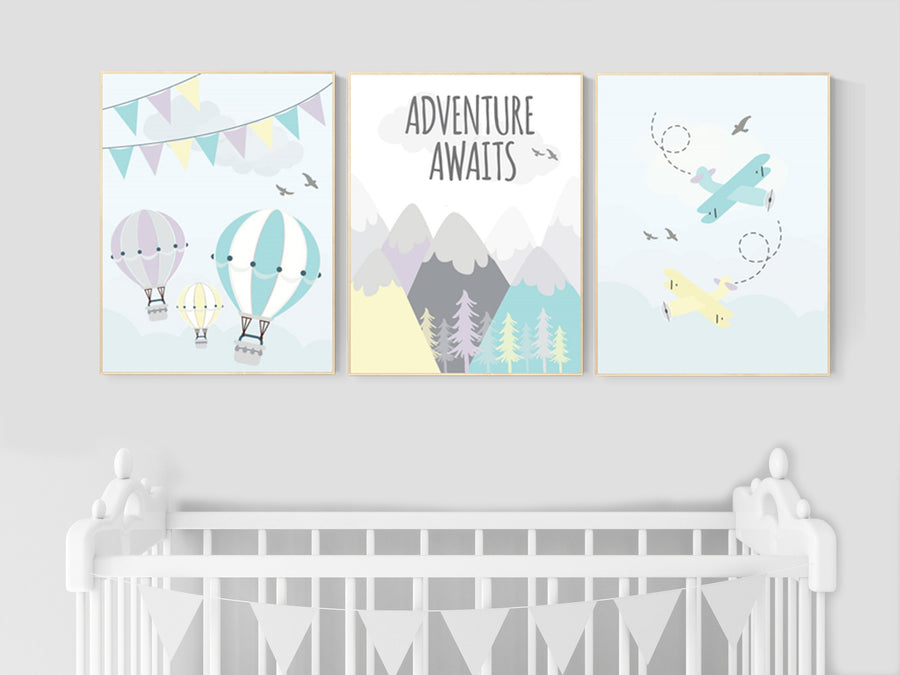 Adventure nursery, yellow, teal, lilac, hot air balloon nursery, adventure awaits, gender neutral , nursery wall art boy airplane, mountain