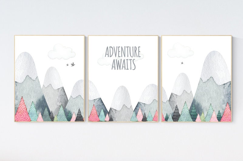 Adventure Awaits Nursery Wall Art Set of 3 - Mountain Forest Baby Room Decor - Boho Gender Neutral Prints - Kids Travel Theme Poster