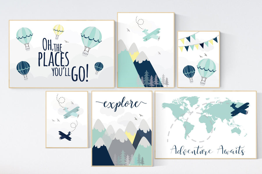 Adventure awaits nursery, Mountain art print set, navy mint yellow, Adventure nursery, mountain, airplane, world map, hot air balloon