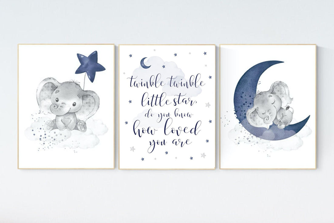 Nursery decor elephant, navy nursery decor, twinkle twinkle little star, moon and stars, navy blue nursery art. baby room, elephant nursery