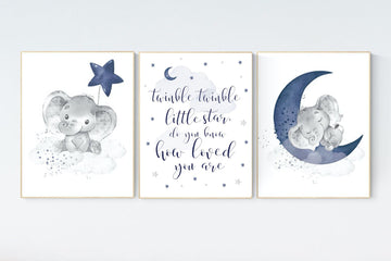 Nursery decor elephant, navy nursery decor, twinkle twinkle little star, moon and stars, navy blue nursery art. baby room, elephant nursery
