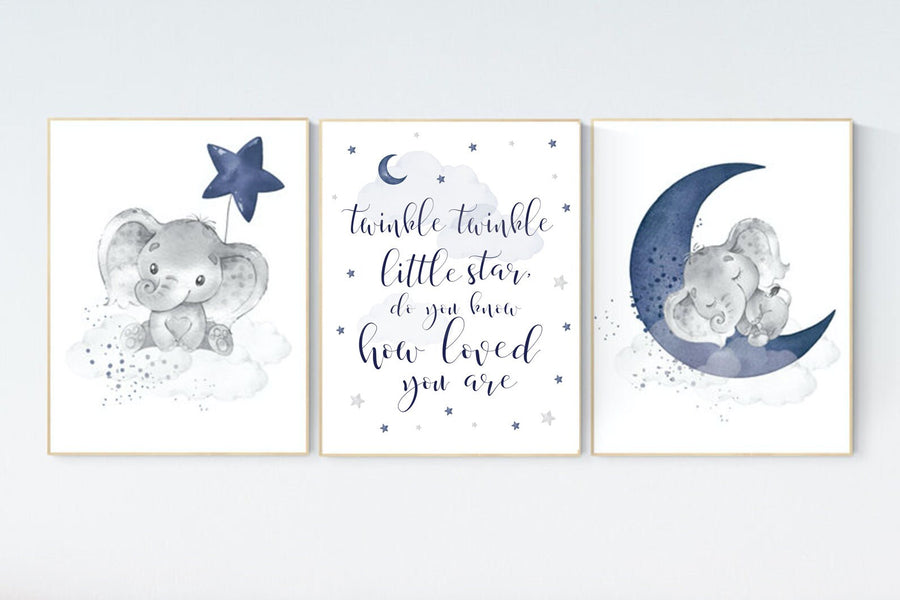 Nursery decor elephant, navy nursery decor, twinkle twinkle little star, moon and stars, navy blue nursery art. baby room, elephant nursery