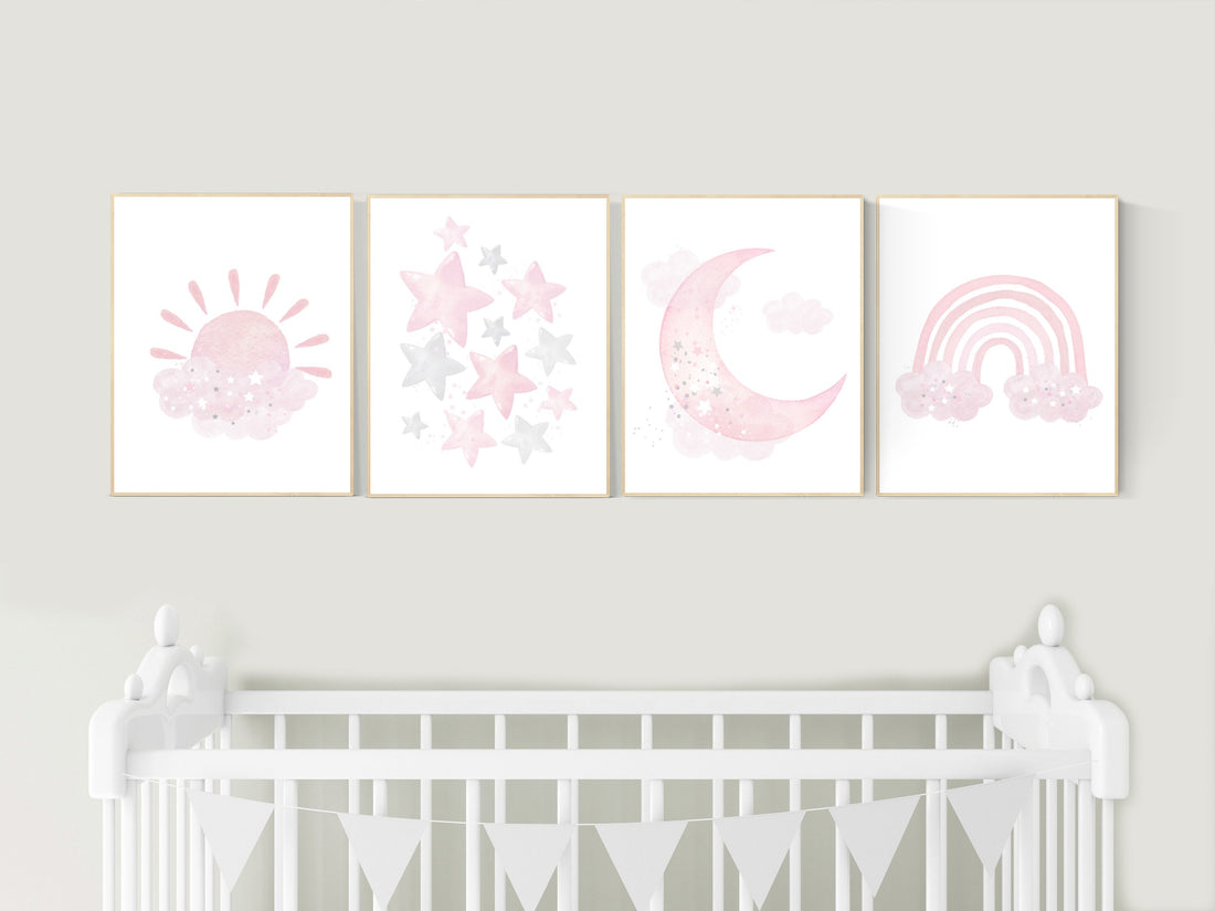 Nursery prints girl, pink grey, rainbow, moon and star, cloud, sun, baby room decor, girl nursery wall art, pink gray, nursery wall decor